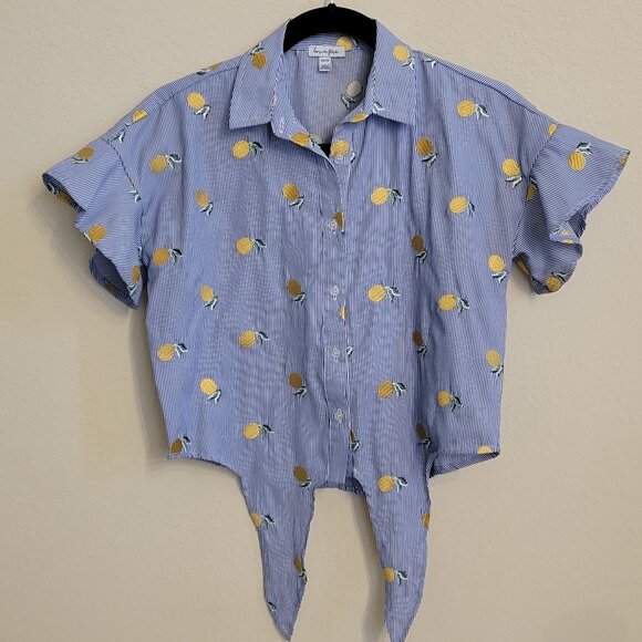Love, Fire Tie-Waist Striped Button-Up Short Sleeved Blouse With Lemons Size XS - Picture 5 of 8